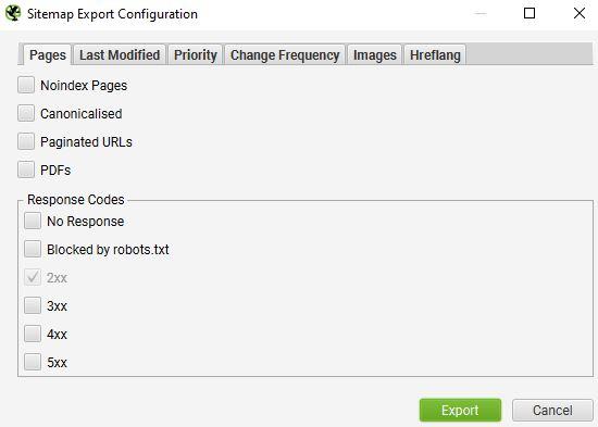 Screaming frog XML Sitemap pop up options Screaming frog XML Sitemap pop up options