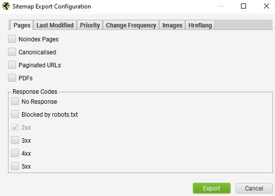 Screaming frog XML Sitemap pop up options