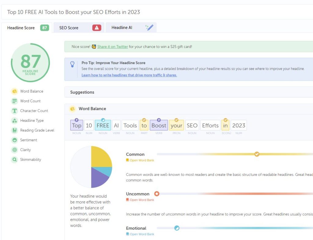 free headline studio coschedule Headline Studio showing the optimisation score of a title
