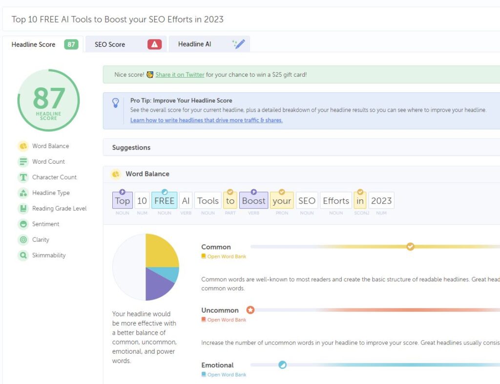 Headline Studio showing the optimisation score of a title