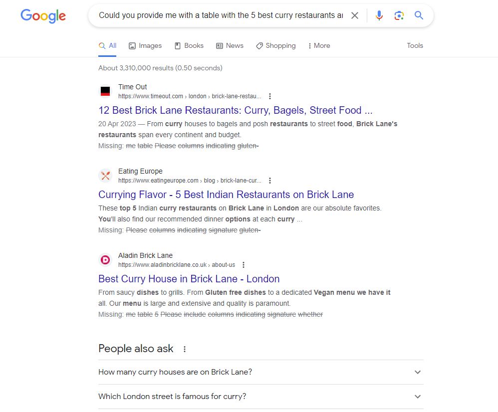 Google results using natural language search