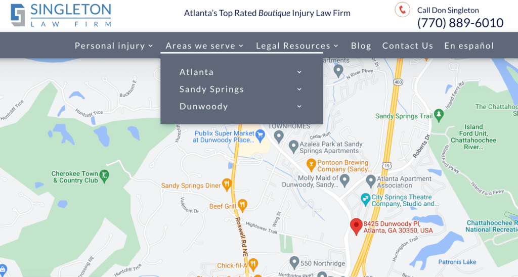 Singleton Law Firm website showing the business areas they serve Singleton Law Firm website showing the business areas they serve