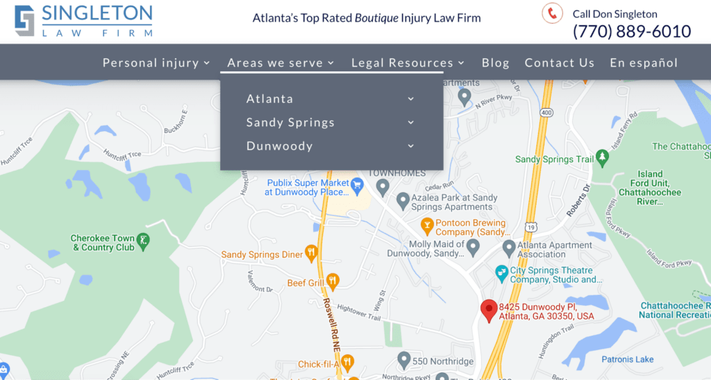 Singleton Law Firm website showing the business areas they serve