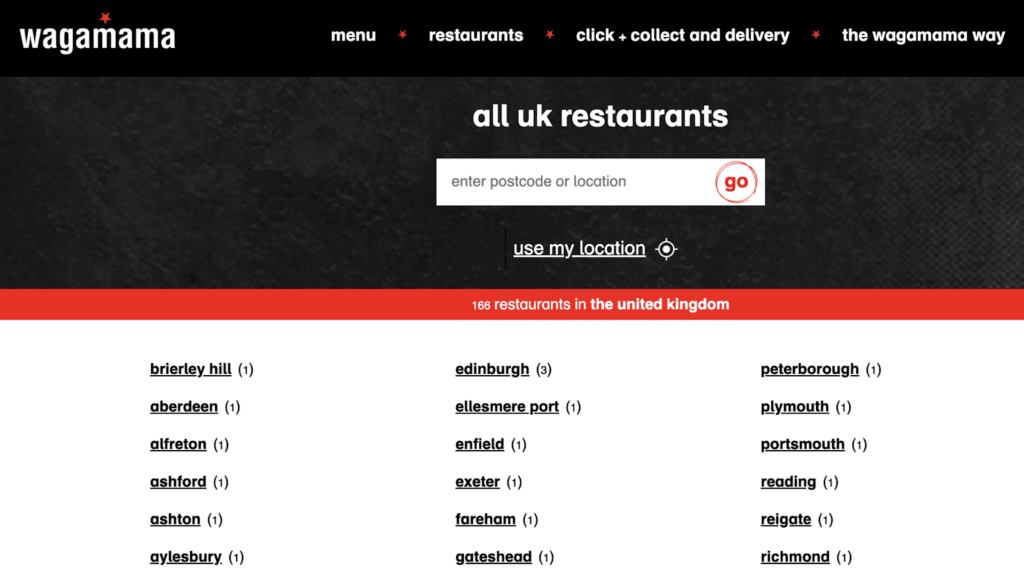 Wagamama UK restaurants landing page