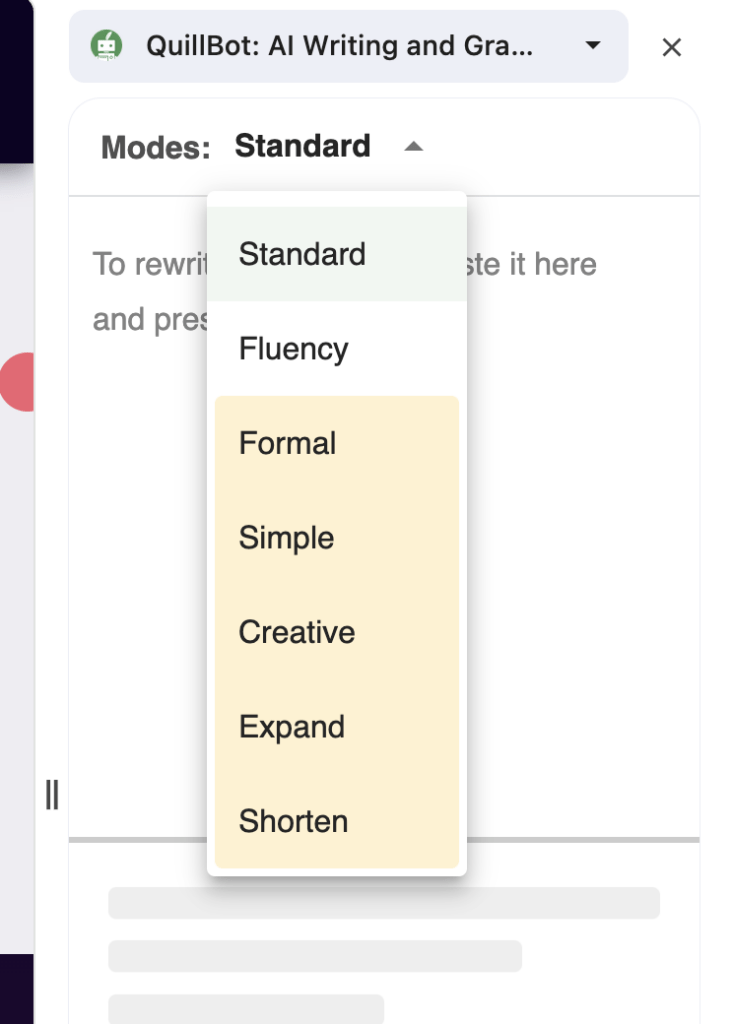 image 6 QuillBot AI Chrome Extension displaying different modes available