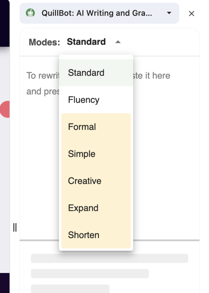 QuillBot AI Chrome Extension displaying different modes available