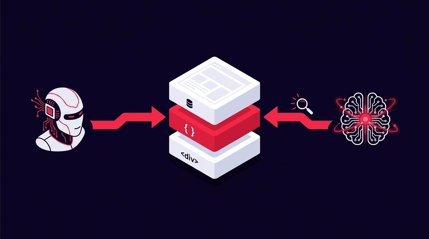 Website architecture for AI search — flat vector illustration showing site structure and content hierarchy for AI visibility