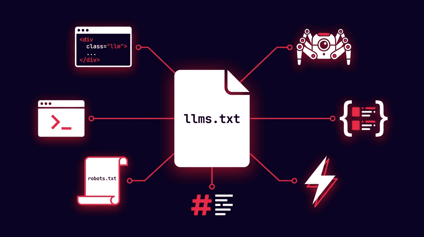 llms.txt and AI search readiness — flat vector illustration for website AI discoverability build standard