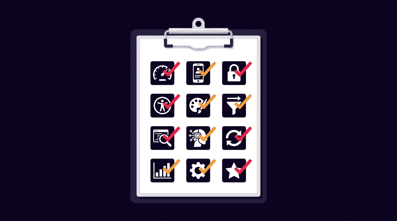 Website audit checklist — flat vector infographic showing 12-point professional services review framework