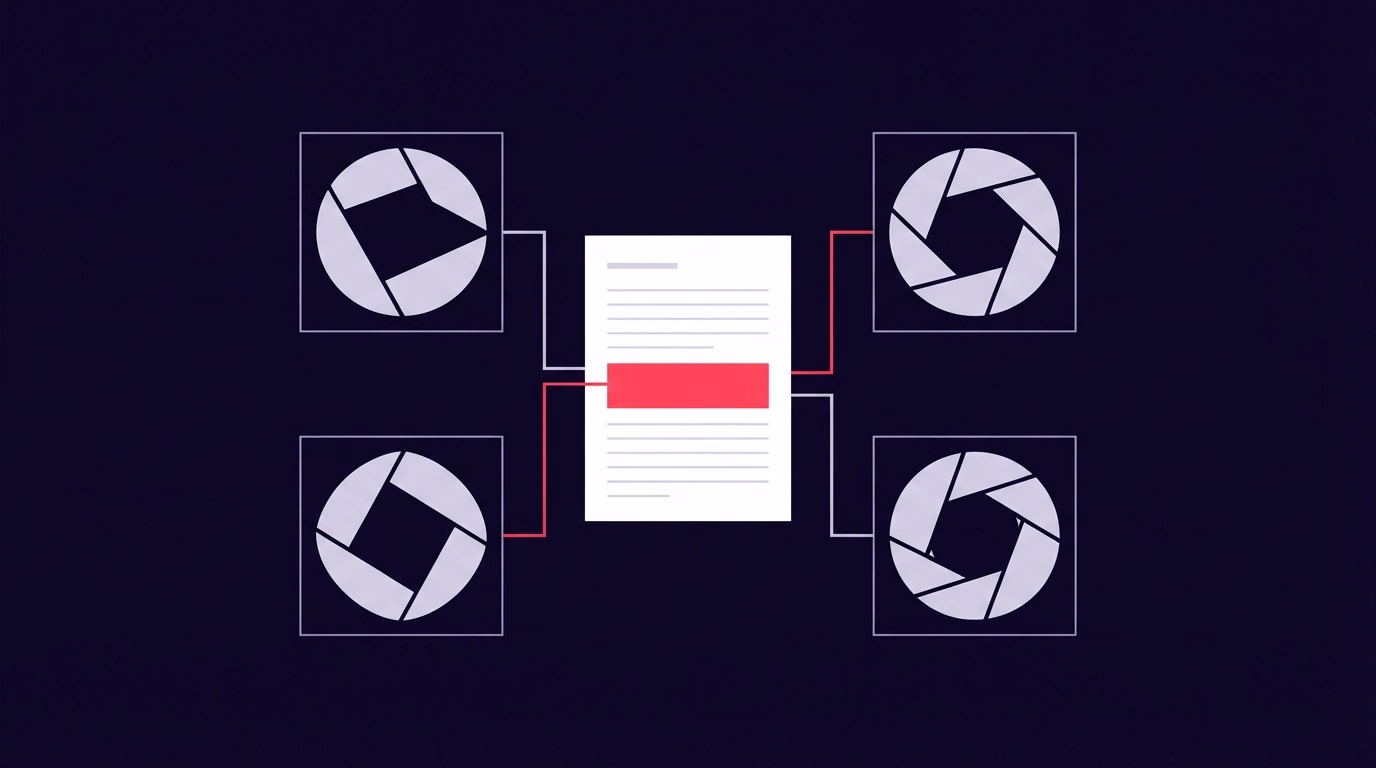 Four abstract lenses representing different AI search engines reading the same website source