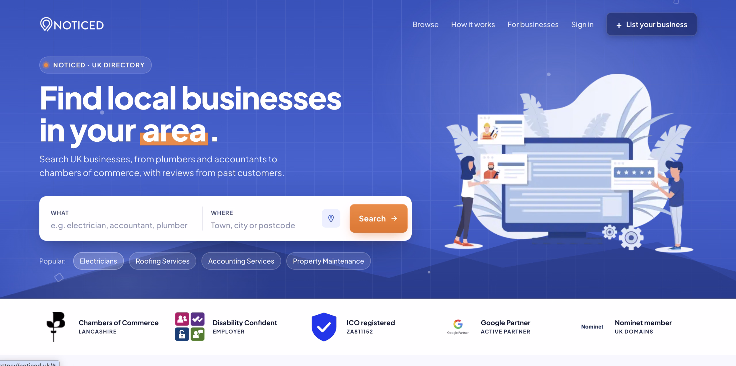 Noticed UK business directory homepage, showing the local business search